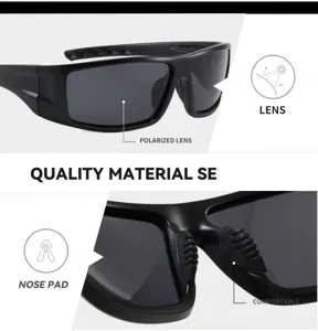 Vue detaillee de lunettes de soleil polarisees noires avec verres et coussinet.