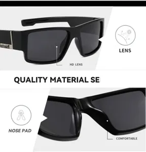 Black polarized sunglasses detail view with HD lens, comfortable nose pad and UV400 protection.