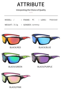 Polarized sports sunglasses detail view, PC frame, lightweight 21.1g design, multi-color.
