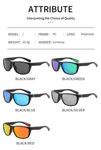 Details showing polarized sports sunglasses specifications, PC frame and multiple color options.
