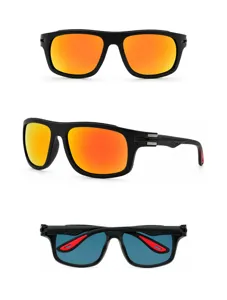 Detail view of sports cycling sunglasses with black frame and colorful reflective orange lenses.