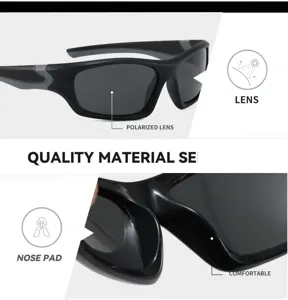 Detalle de lente de gafas polarizadas, almohadilla cómoda, primer plano de gafas deportivas