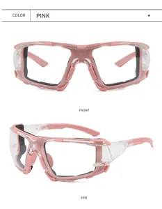 Roze schokbestendige veiligheidsbril en sportgoggles, professioneel beschermend detailoverzicht.
