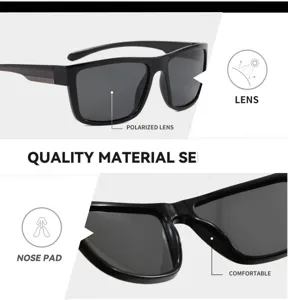Detail view of black polarized sunglasses featuring UV protection and comfortable nose pads.