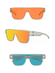 Polarisierte Sonnenbrille mit klarem Gestell und bunten Gläsern für den täglichen Gebrauch.