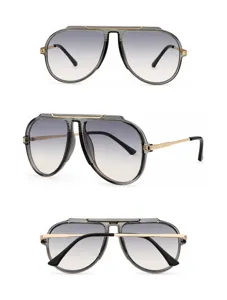 Classic pilot sunglasses with grey gradient lenses, clear grey frames and gold metal temples.