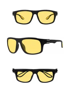 Detailed view of sports cycling sunglasses with yellow lenses, showcasing multi-angle product design.