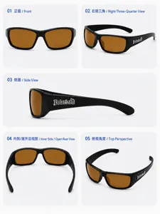 Detailed view of black polarized sunglasses with brown lenses and gothic temple branding.