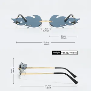 Flame shape rimless sunglasses detail showing dimension measurements and lightweight frame design.