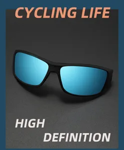 Outdoor polarized cycling sunglasses detail view, blue reflective lens and black frame.