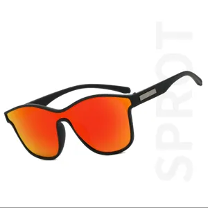 Detailed view of black polarized sunglasses with striking red mirrored lenses and spring temples.