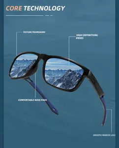 Close up detail of outdoor polarized sunglasses featuring high definition lenses and comfortable nose pads.