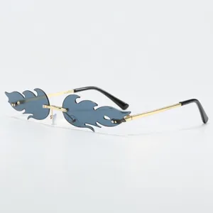 Y2K flame rimless sunglasses detail view, trendy blue gradient lenses, gold metal temples.