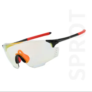 Detailed view of sports cycling sunglasses with multi-coated shield lenses and anti-slip temples.