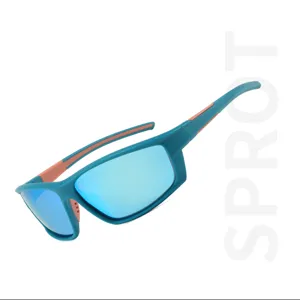 Close-up of sports polarized cycling sunglasses in teal with blue mirror lens for outdoor fishing.
