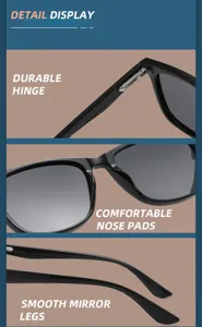 Détail de lunettes: charnière durable, plaquettes de nez confortables et branches.