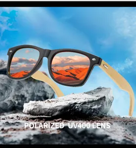 Bamboo leg sunglasses detail showing polarized UV400 lens and vintage black frame design.