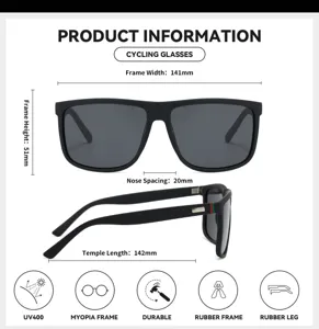Detailed view of cycling sunglasses showing frame dimensions and UV400 protection features.
