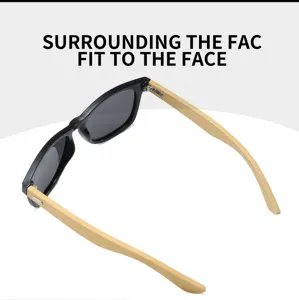 Details of retro sunglasses with wooden temples and black frames for stylish outdoor wear.