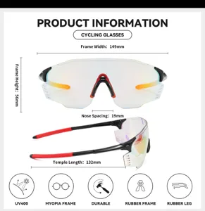 Cycling glasses detail view displaying product dimensions and key features like UV400.