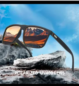 Polarized UV400 sunglasses detail view, large black frame with scenic mountain reflection.