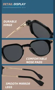 Detailed view of vintage retro sunglasses with black frames and sleek gold metal temples.