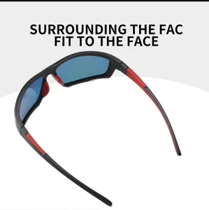 Polarized cycling sunglasses detail showing black red frame and blue reflective lens design.