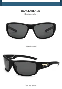Detail view of black polarized sports sunglasses, wrap-around design for outdoor cycling.