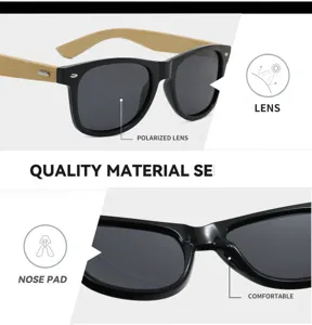 Bamboo leg retro sunglasses detail showcasing polarized lens, comfortable nose pad design.
