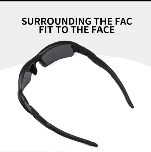 Sport sunglasses detail view, wrap-around black frame with UV protection lenses for outdoor.