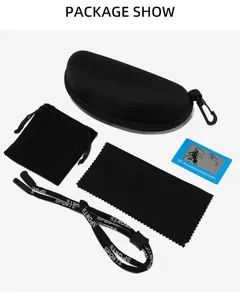 Sunglasses accessory set including hard case, pouch, cleaning cloth, strap, and test card.