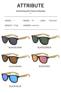 Fashion retro polarized sunglasses with natural bamboo temples and stylish black frame for outdoor.