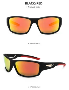 Detail view of outdoor polarized sports sunglasses with black red frame and colorful lenses.