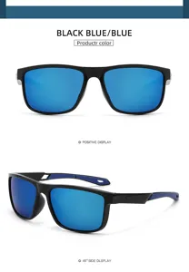 Polarized sports sunglasses for men and women, black frame with blue reflective lenses.