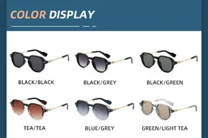 Detailed view of retro metal temple sunglasses showcasing multiple fashion color options.