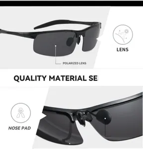 Close-up view of polarized cycling sunglasses lens and adjustable nose pad for outdoor sports.