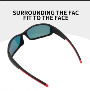 Detail view of men's polarized cycling sunglasses with blue lenses and elastic black frame.