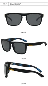 Detailansicht Herren polarisierte Sonnenbrille, schwarzer Rahmen mit blauen Streifen.