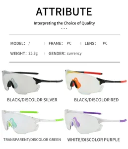 Cycling sunglasses details showing PC frame, 25.3g weight, and multiple color options.