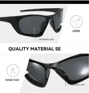 Polarized sports sunglasses detail showing lens and nose pad features for outdoor fishing cycling.