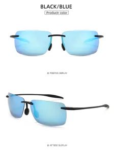 Occhiali da sole polarizzati senza montatura con lenti a specchio blu, perfetti per lo sport all'aperto.
