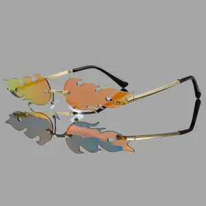 Trendy flame shaped rimless sunglasses with colorful reflective lenses for party.