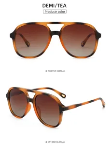 Retro double bridge polarized aviator sunglasses detail, oversized gradient lenses design.