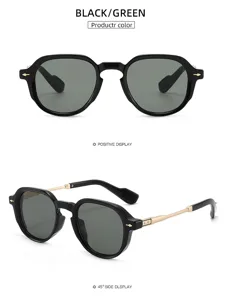 Retro polygon sunglasses for men and women, classic metal temple design with green lenses.