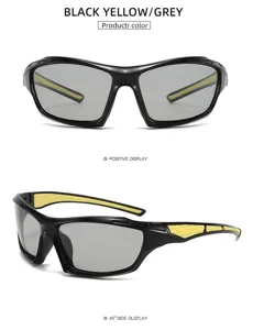 Vue détaillée de lunettes de soleil de sport polarisées noires et jaunes grises.