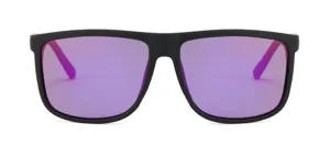 Detailed view of large frame matte black sports sunglasses with striking purple polarized lenses.