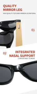 Detail view of retro sunglasses with wooden temples and integrated nose support for men women