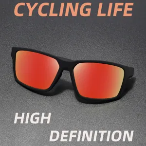 Occhiali da sole da ciclismo uomo con lenti a specchio rosse e montatura nera per sport.