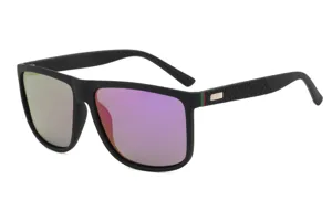 Detailed view of polarized sunglasses featuring matte black frames and colorful lenses.