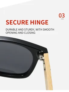 Detailed shot of retro sunglasses with black frame and sturdy bamboo temples for outdoor use.